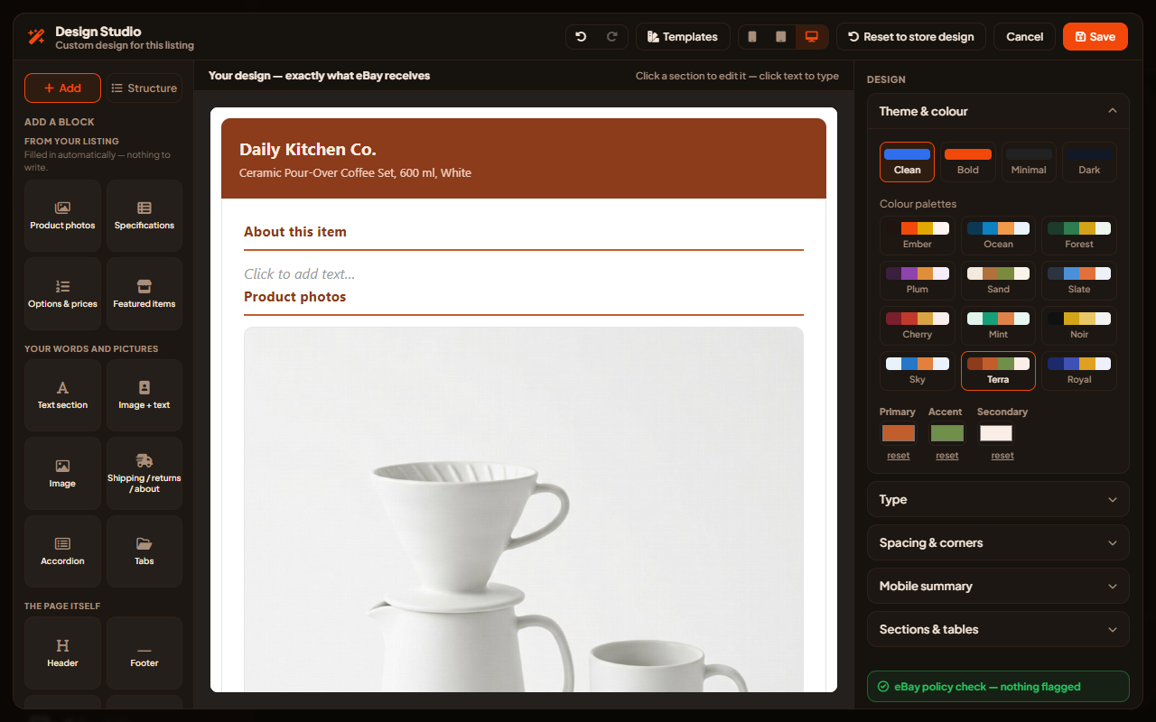 The Sourship Design Studio, editing an eBay description on the page with the palette picker open
