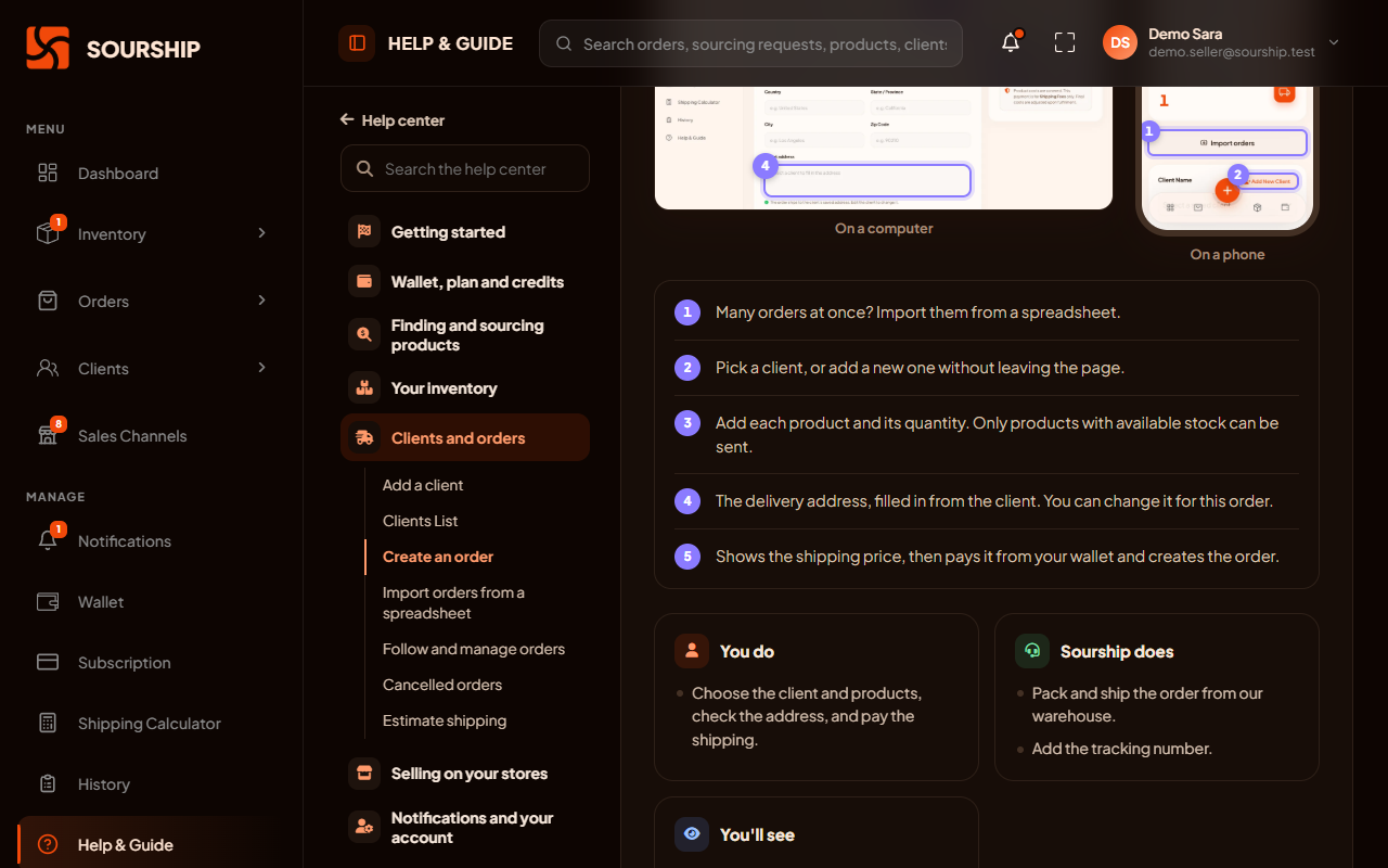 The Help & Guide inside Sourship, explaining a page of the app on a real screenshot