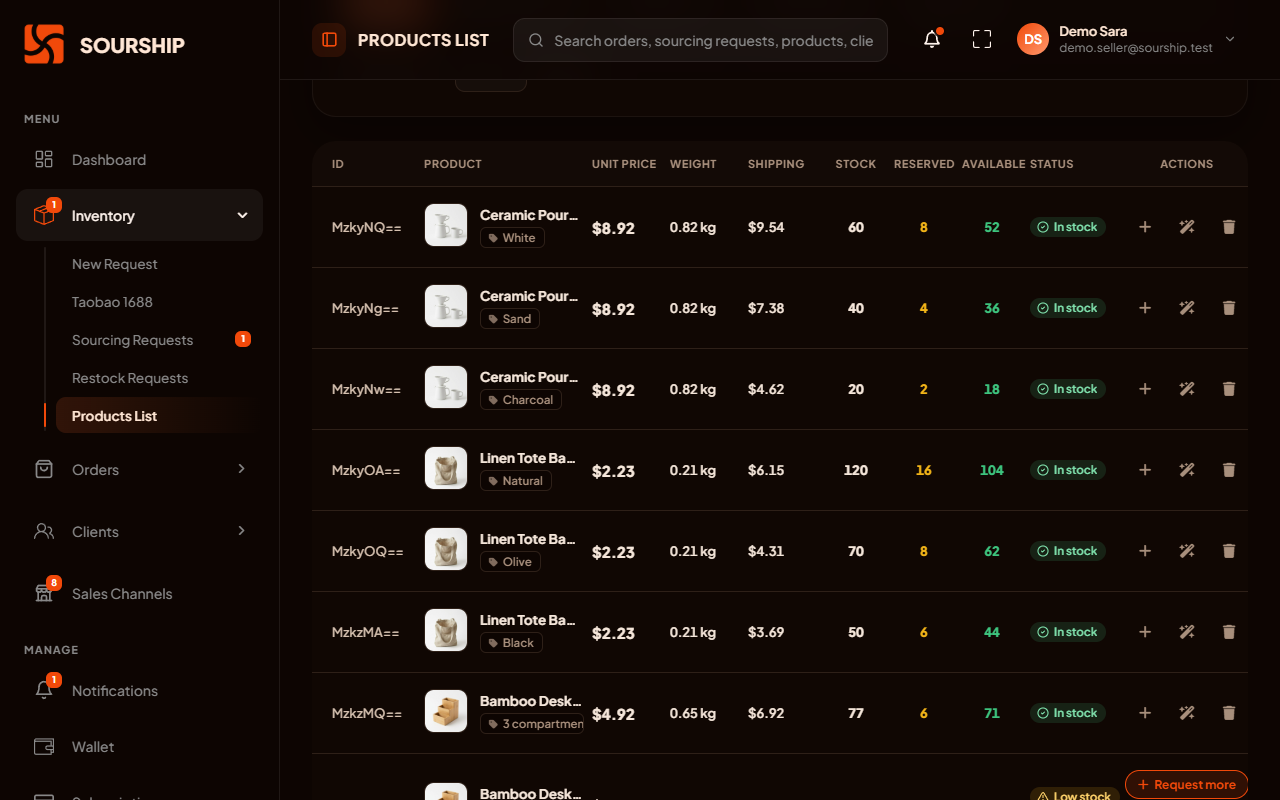The seller's product list in Sourship, showing stock held in the warehouse