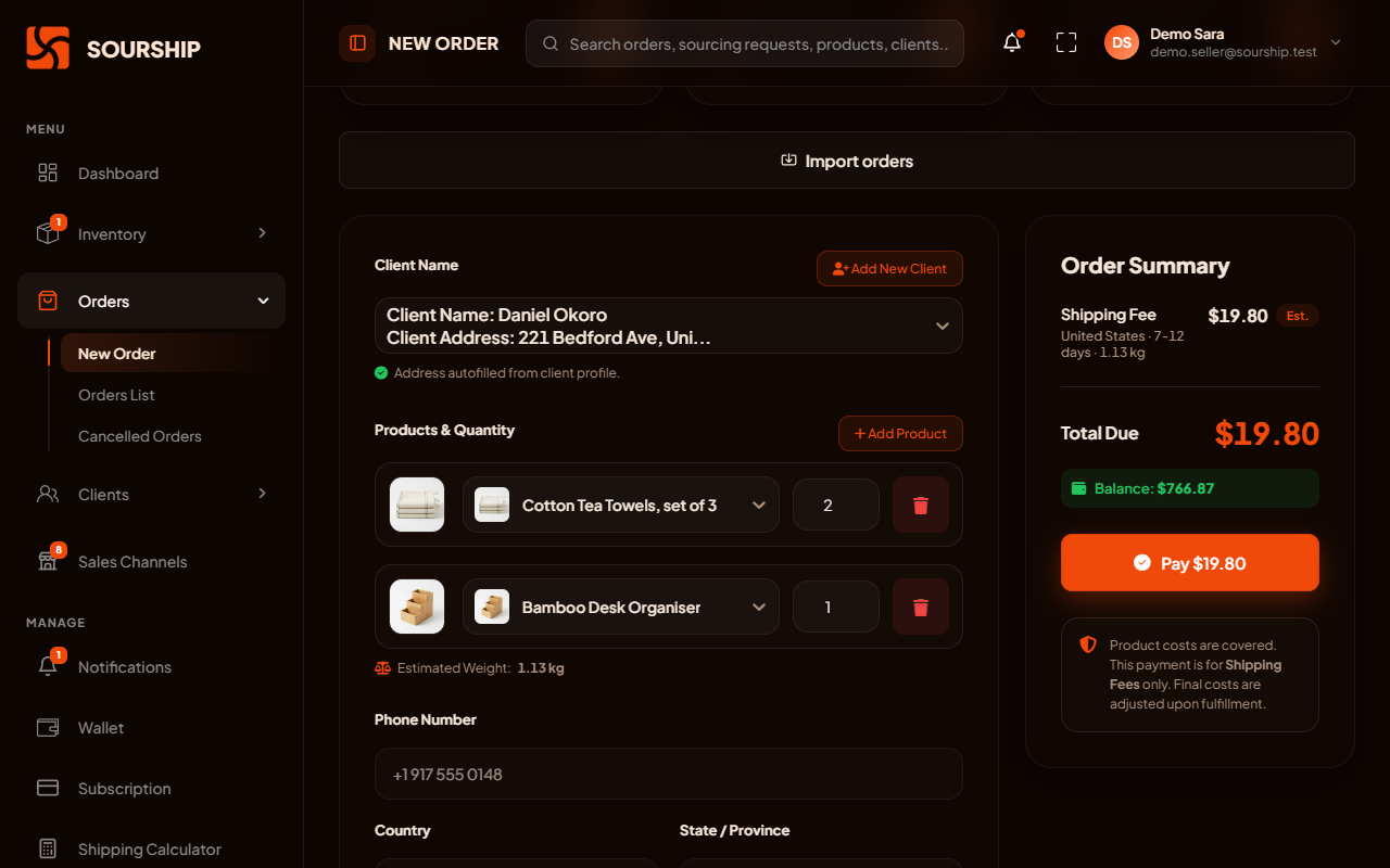 Creating an order in Sourship, with the client, the products and the shipping price before paying