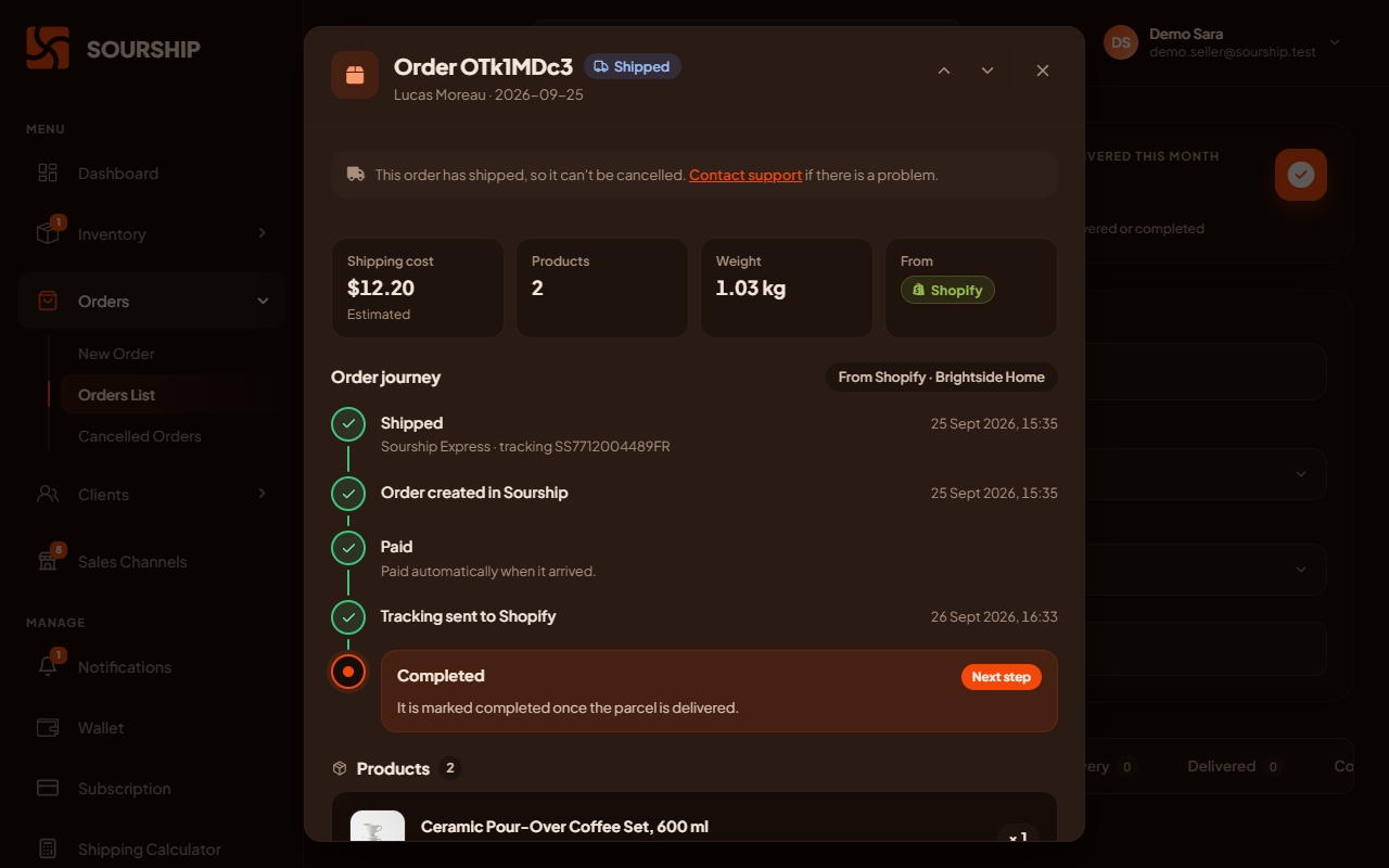 An order in Sourship, showing its status and the tracking number sent back to the store