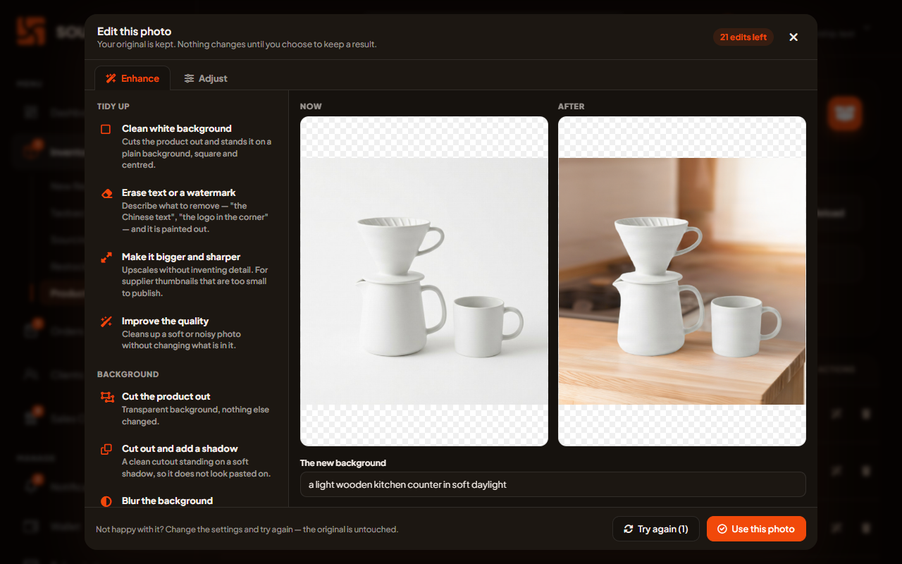 The Sourship photo editor, replacing the background of a product photo