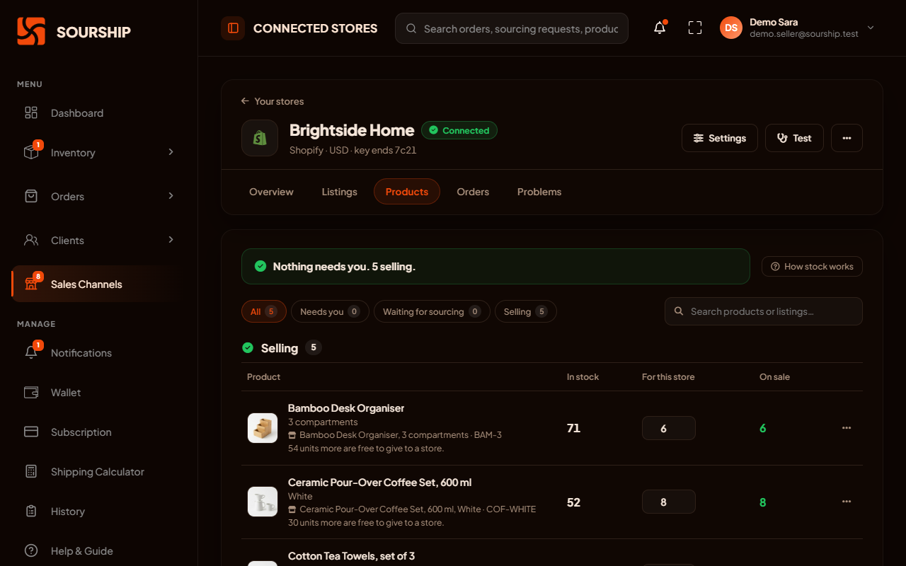 Product mapping in Sourship, showing how many units of each product every store may sell
