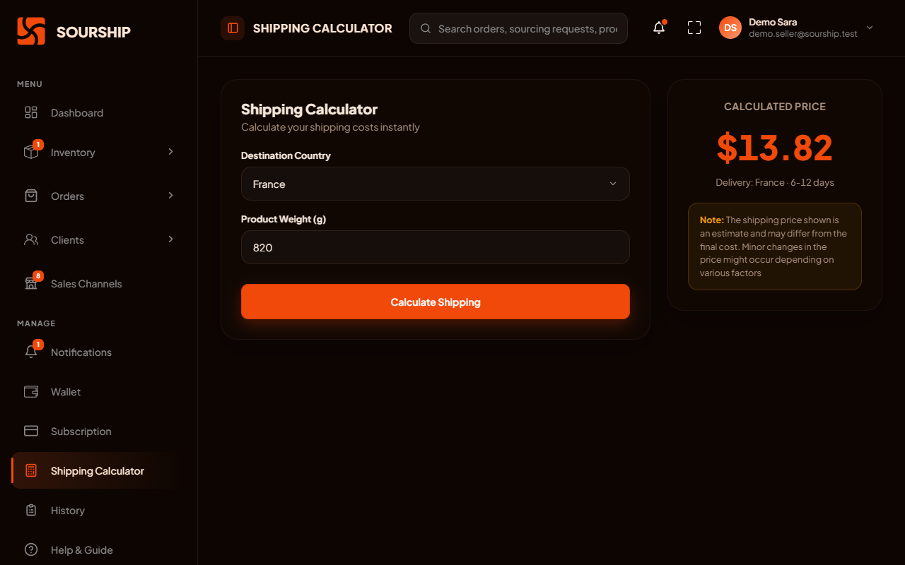 The Sourship shipping calculator, showing the price and delivery time for a parcel to a chosen country