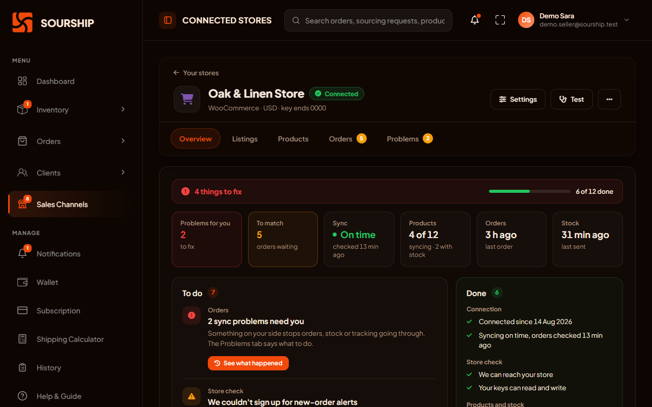 Connected stores in Sourship, with a health check flagging one store that needs attention and how to fix it