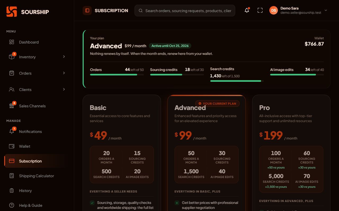 The Sourship subscription page, showing the current plan and how much of the monthly allowance is used