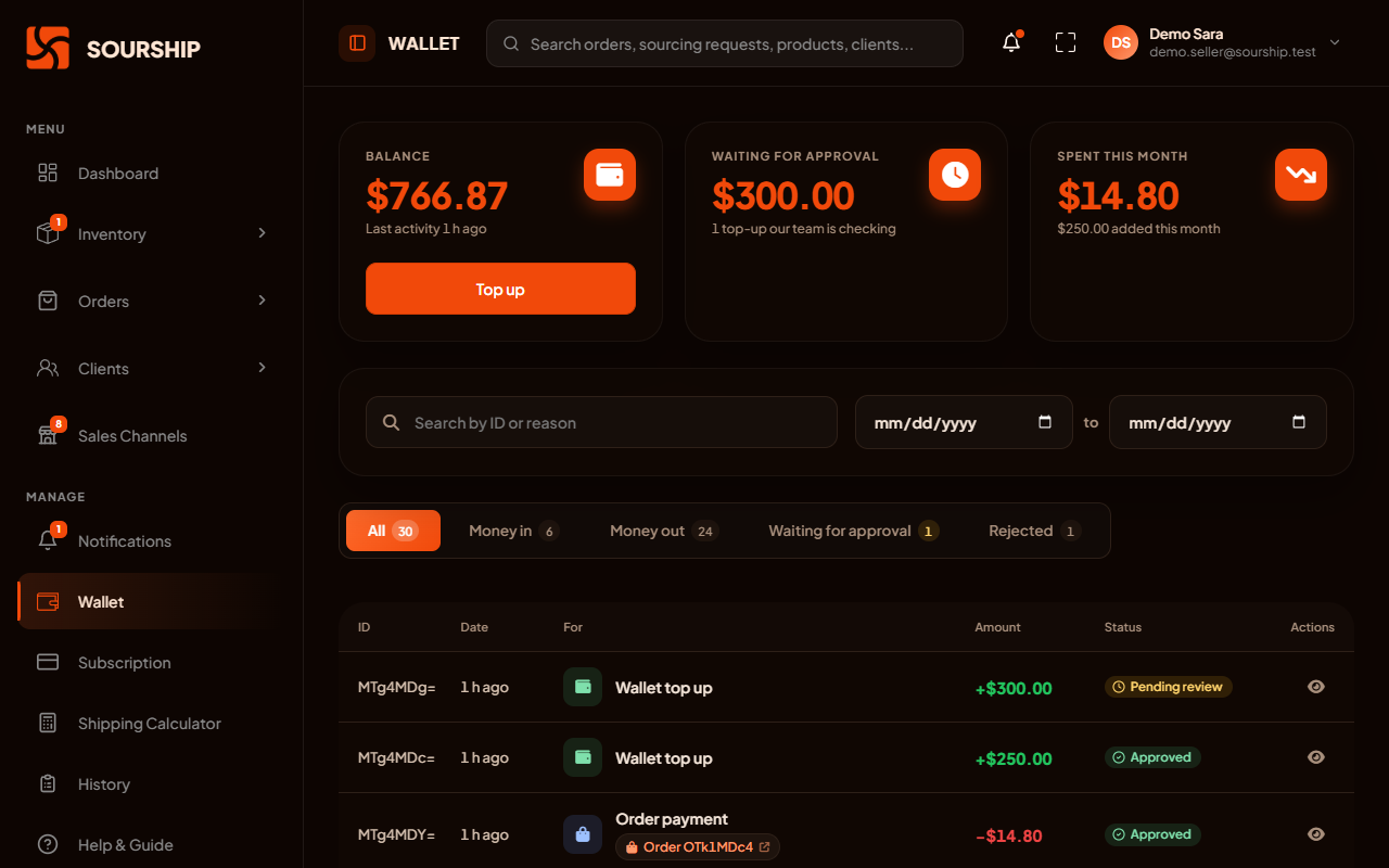 The Sourship wallet, showing the balance and a list of transactions with their reasons