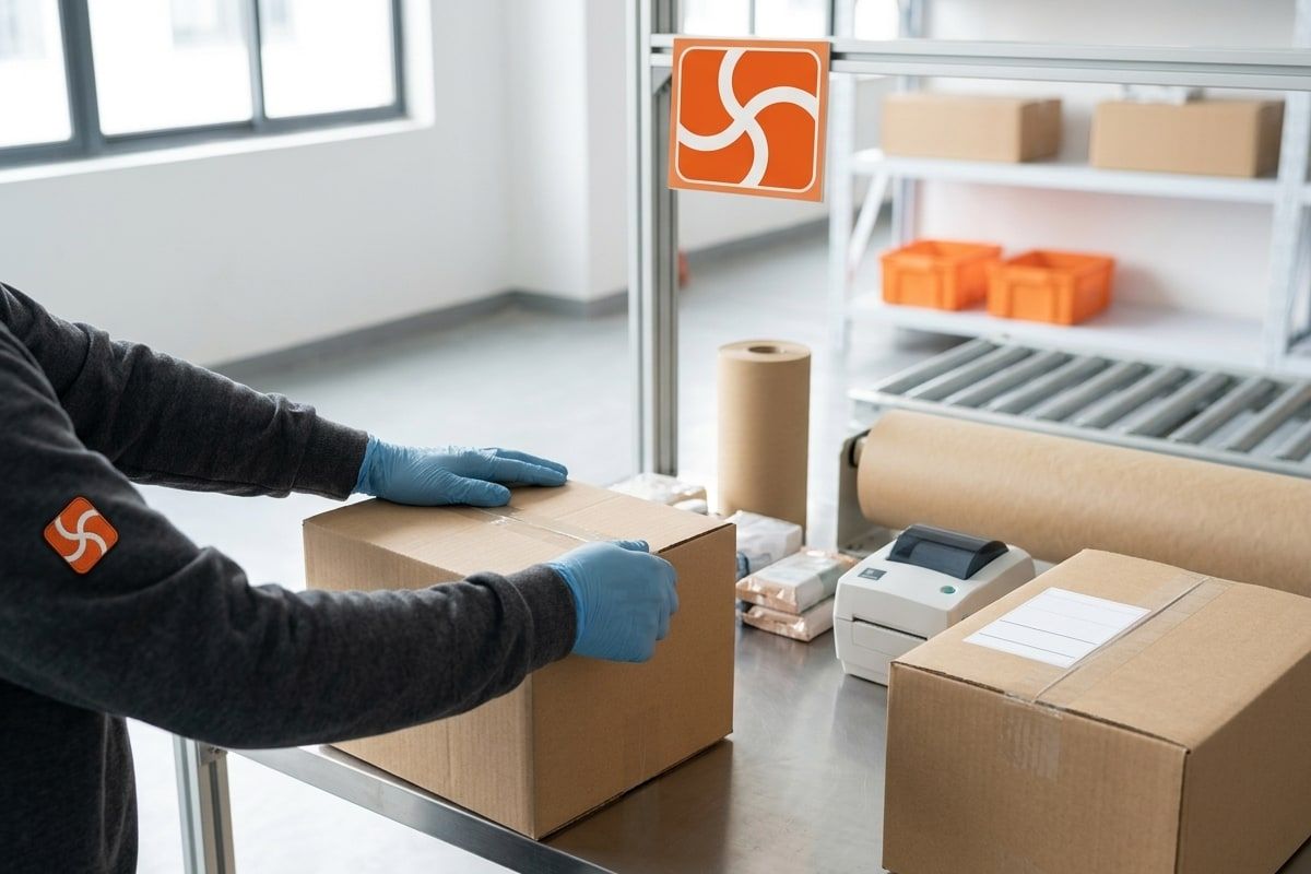 An order being packed and sealed at the Sourship warehouse before it ships to the customer