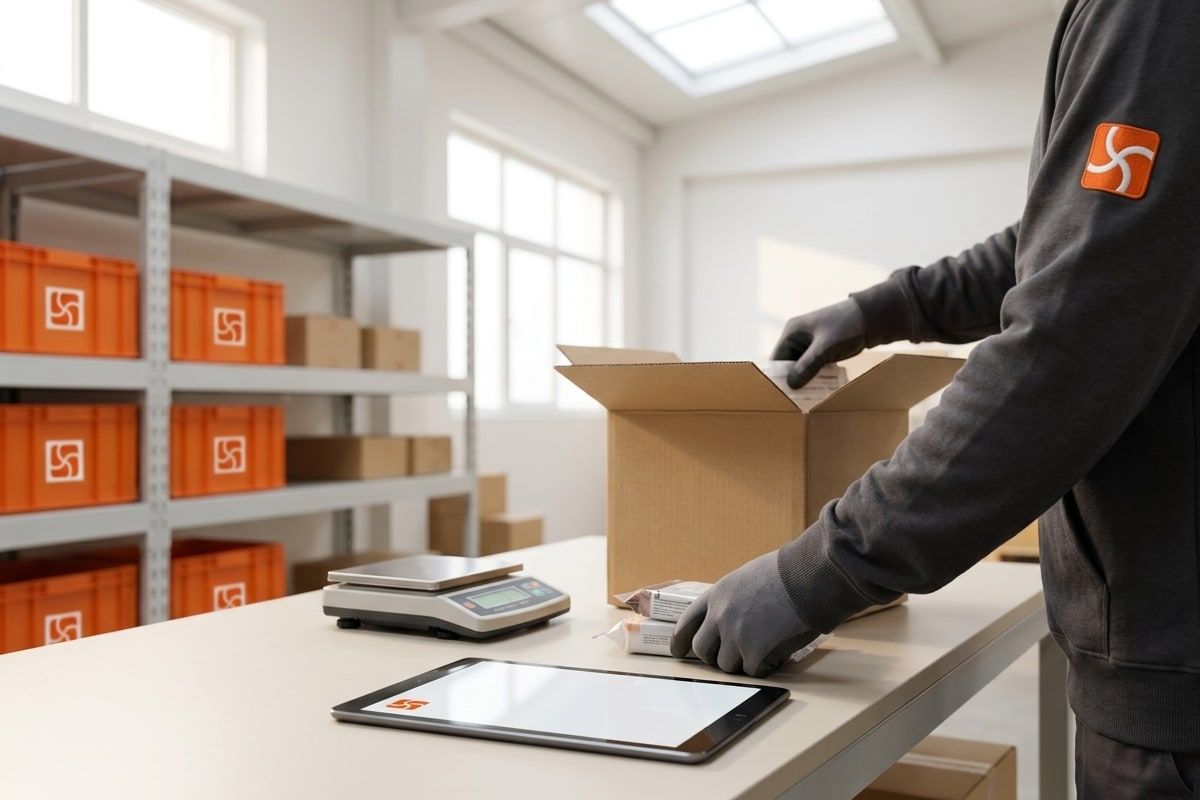 Goods from a supplier being checked against the order when they arrive at the Sourship warehouse